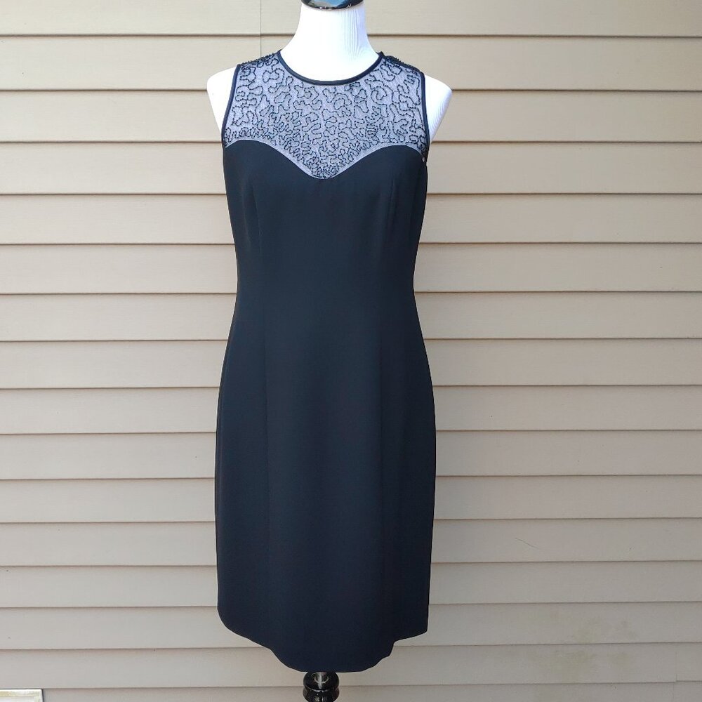 Jones New York Black Sheath Cocktail Dress Beaded Illusion Neckline Sleeveless - Picture 2 of 14
